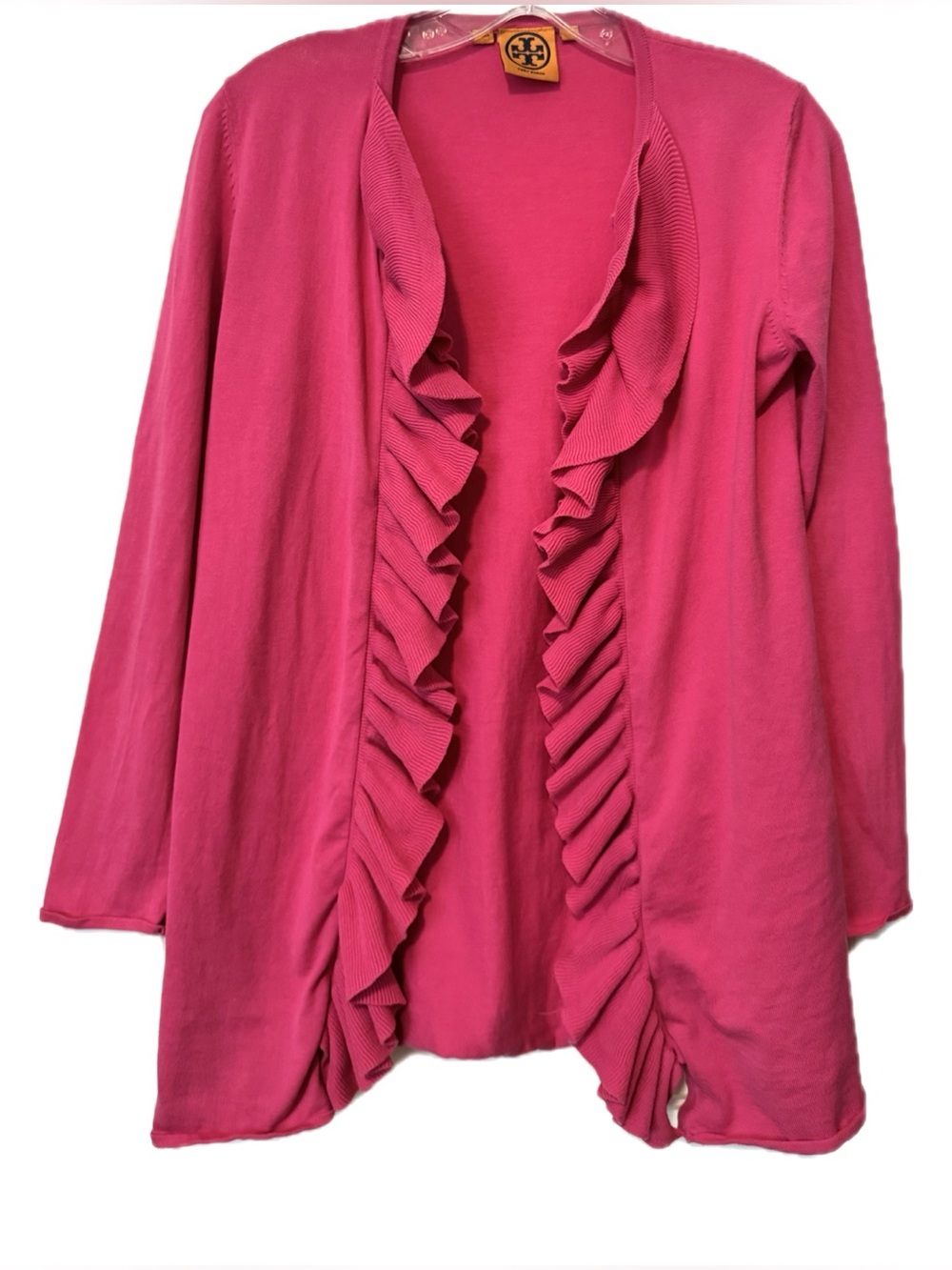 Tory Burch Pink Ruffle Open Front Cardigan Sweater XS 100% Cotton Lightweight